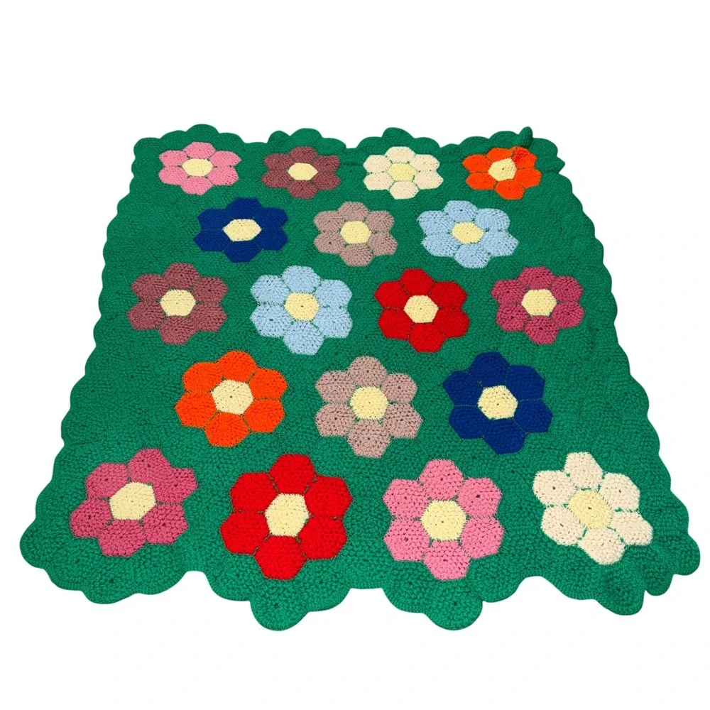 Vintage Handmade Crochet Flower Power Afghan Blanket 60x70 Green Floral Retro 70